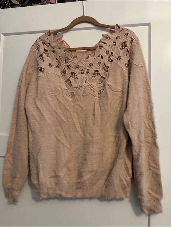 Sweet Lovely By Jen Sweaters - Women's Lace Yoke Fuzzy Crewneck Sweater - Blush